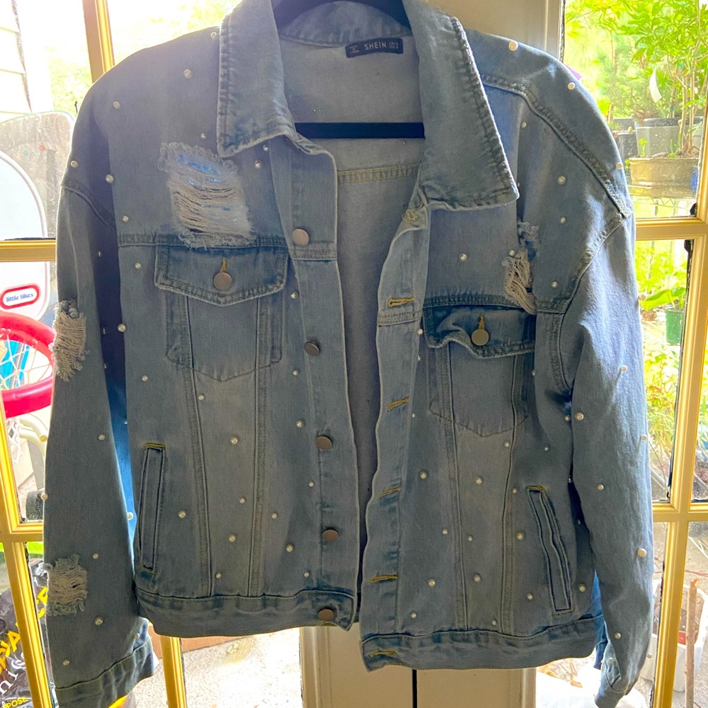 Pearl beaded oversized jean jacket